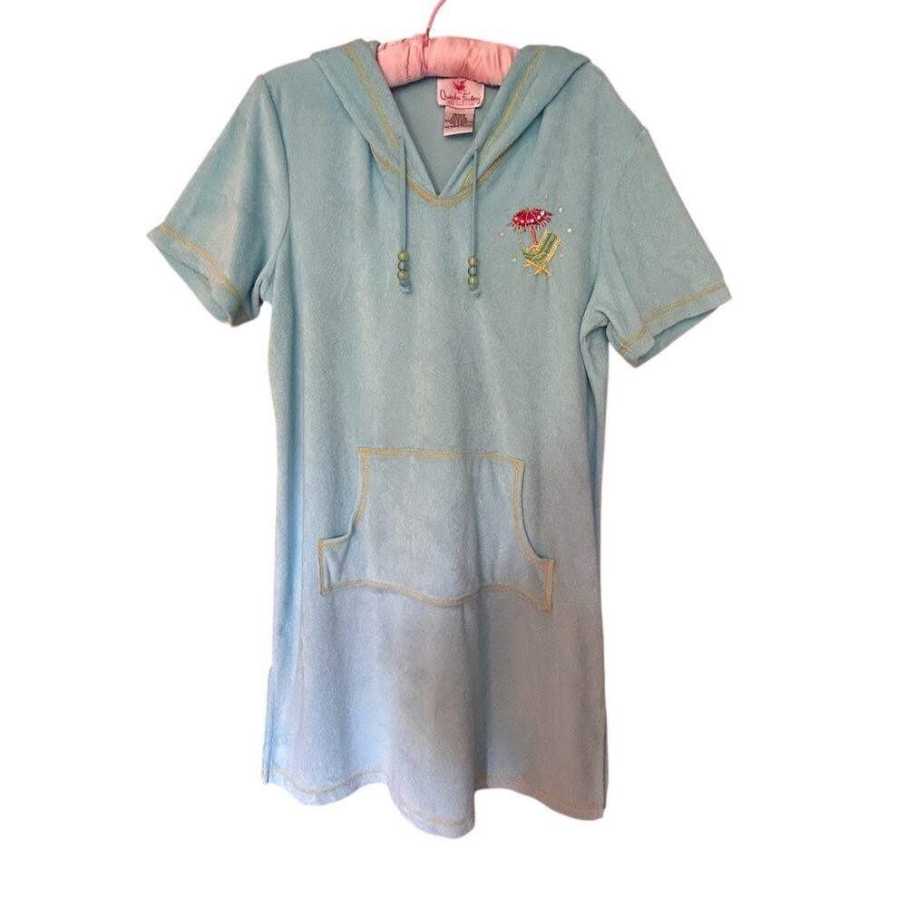 QUACKER FACTORY Terry Hoodie Swim Dress Cover-Up Aqua Blue Sequins Beads Size M
